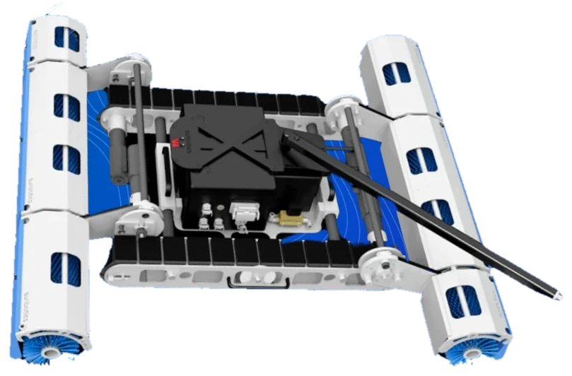A-Bot autonomous solar cleaning robot: tracked chassis with twin counter-rotating brush rollers
